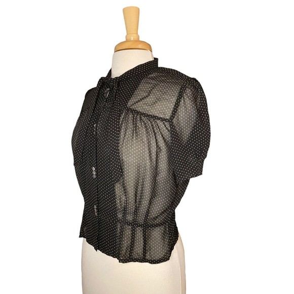 FLETCHER by LYELL Black Sheer Print Tie Neck Short Sleeve Blouse sz Small - Picture 2 of 7